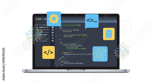 Modern laptop displaying programming code with floating yellow and blue development icons including settings gear, database, and code brackets on a white background