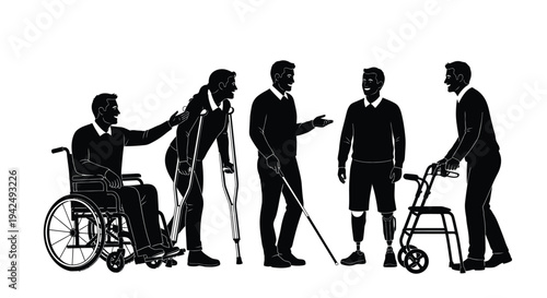 Inclusive people with mobility aids silhouette vector