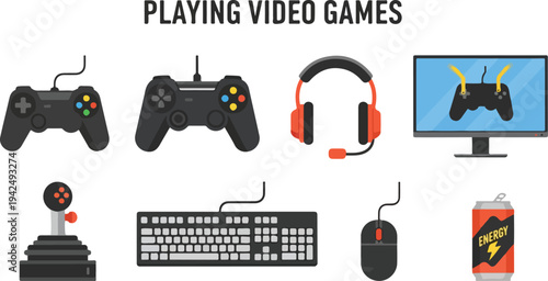 Collection of gaming equipment gamepads headphones monitor joystick keyboard mouse energy drink White background