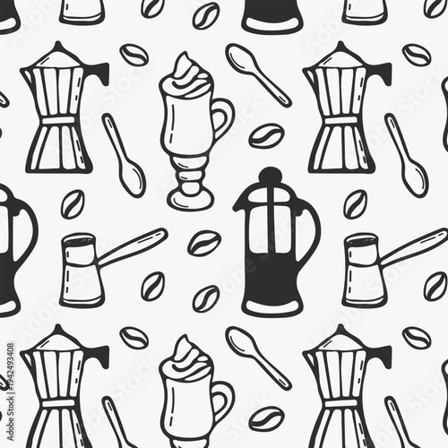 Seamless pattern with hand drawn coffee tools including moka pot, french press and utensils. Cafe equipment doodle background perfect for packaging, menus, textile and branding.