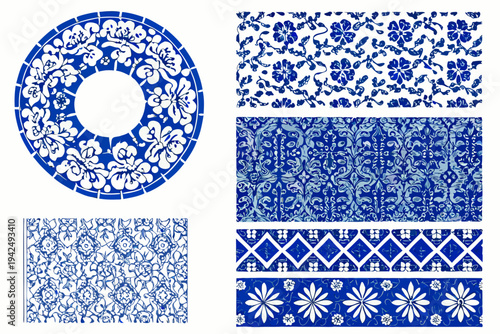 Blue and white porcelain patterns displayed as circular and rectangular elements