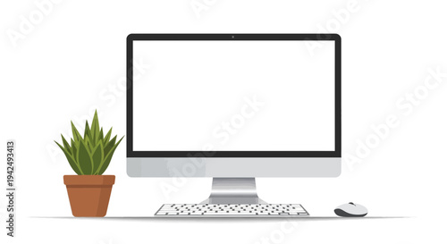 Modern desktop computer monitor with blank white screen, keyboard, mouse, and potted succulent plant on a clean white background vector illustration