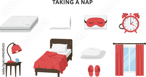Collection of nap essentials Includes a mattress pillow sleep mask clock lamp bed blanket slippers and curtains