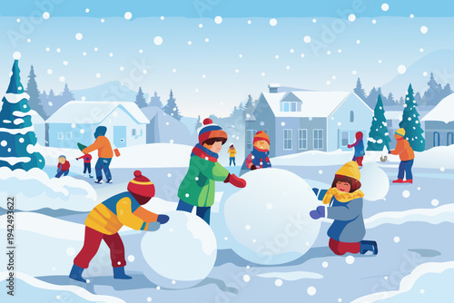 Children enjoying a snowy winter day building snowmen and playing outside