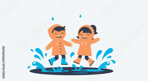 Children Playing in Rain Puddle Illustration.