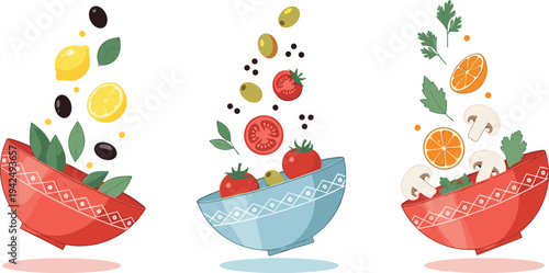 Cute Cartoon Fresh Salad Bowls Set Colorful Flying Ingredients Flat Illustration for Healthy Eating Kitchen Designs, Mediterranean Recipe Clipart, Food Graphics, and Vector Collections