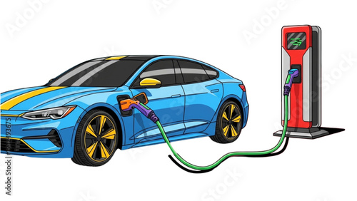 Electric Car Charging at EV Station Colorful Modern Vehicle Plug-In Battery Power Illustration