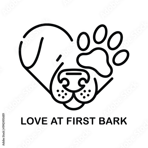 Minimalist dog lover logo featuring a heart shaped canine face with a paw print detail.