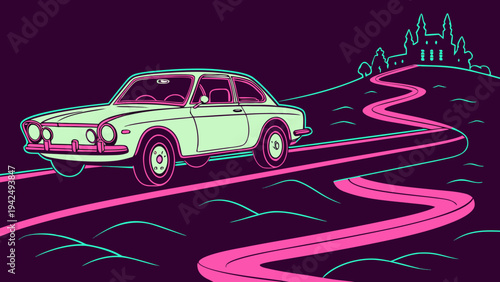 Vintage car driving on a winding pink road towards a castle on a hill with a dark purple sky