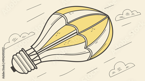A whimsical vector illustration of a creative light bulb hot air balloon soaring through the sky, symbolizing innovative ideas and the launch of new inspiration
