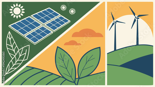 Solar panels and wind turbines in a field representing renewable energy and sustainability