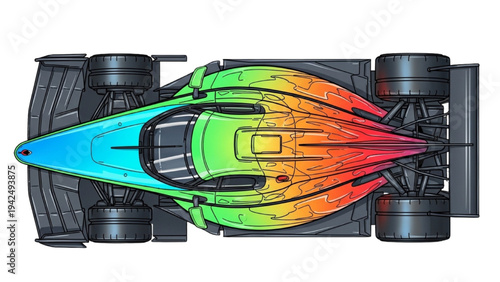 Colorful Formula Race Car Top View with Rainbow Gradient Speed Effect Futuristic Racing Illustration