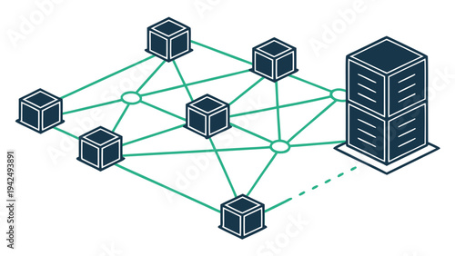 Illustration of a digital network with interconnected nodes and a server unit, representing blockchain technology and distributed data systems