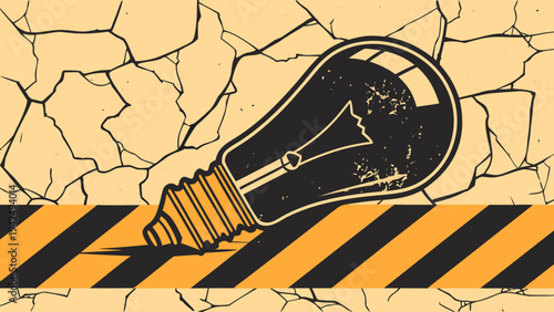 Grungy vector illustration featuring a broken lightbulb resting on warning stripes, set against a cracked wall background, symbolizing a failed idea or innovation setback