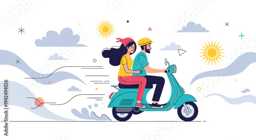 Happy young man and woman riding a blue scooter through a stylized landscape with sun and clouds during a windy summer day trip.