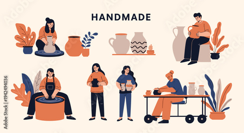 Group of artisans working on handmade ceramic pottery in a workshop with various clay pots, vases, and decorative green plants around.