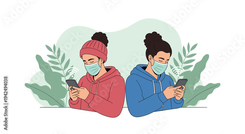 Young man and woman wearing protective medical masks while standing back to back and using their mobile phones with wifi symbols nearby.