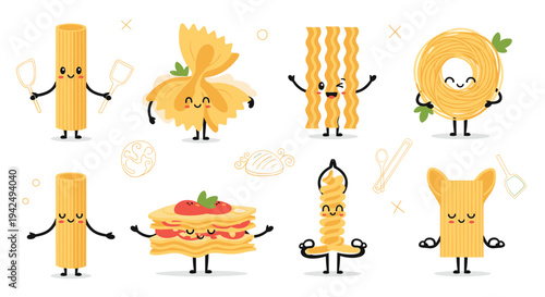 Collection of cute cartoon pasta characters including penne, farfalle, lasagna, and fusilli engaged in various activities like yoga and cooking.
