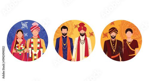 Set of diverse Indian wedding portraits featuring couples in traditional bridal attire like sherwani and saree with ornate circular backgrounds.