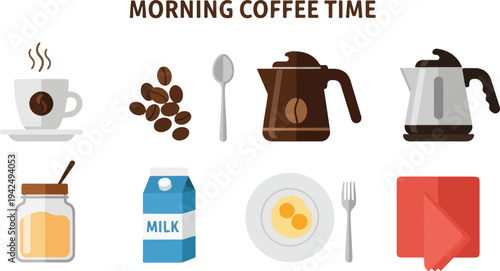 Digital graphic features coffee and food icons cup beans spoon pot kettle jar carton plate fork and dialog box
