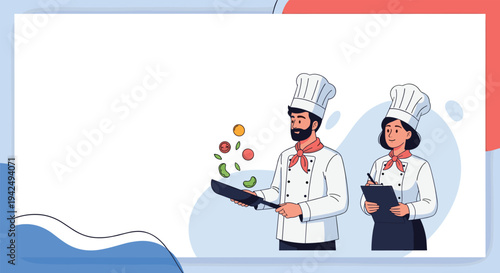 Professional male and female chefs in white uniforms preparing food by tossing vegetables in a pan and taking notes on a clipboard in a kitchen.
