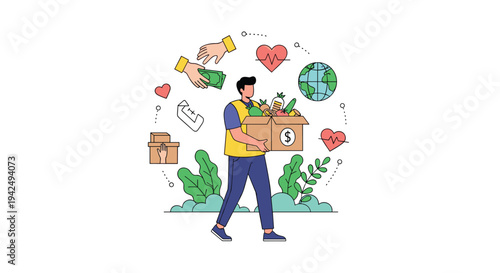 Dedicated volunteer man carrying a large cardboard box full of food donations surrounded by icons representing global health and charity.