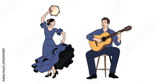 Elegant female flamenco dancer in a blue dress performing with a tambourine while a male musician plays an acoustic guitar nearby.