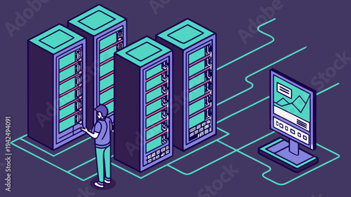Data center infrastructure with server racks and a technician monitoring computer system with charts