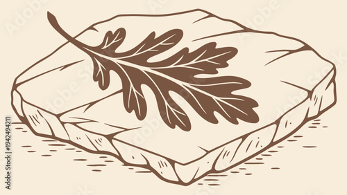 A single leaf resting on a rough, textured stone slab, rendered in a minimalist vector illustration style