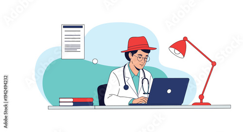 Male doctor in a white coat and red hat working on a laptop at a desk with medical documents, books, and a red lamp in an office.