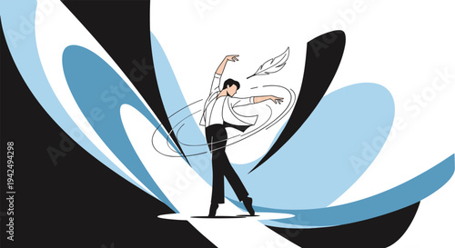 Graceful male ballet dancer in white and black attire performing a dynamic pose surrounded by stylized blue and black abstract shapes.