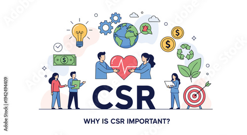 Informative illustration about corporate social responsibility featuring people, lightbulbs, coins, hearts, and environmental symbols.
