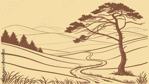 A picturesque hand-drawn vector illustration of a serene natural landscape, featuring rolling hills, a winding path, and a majestic ancient pine tree