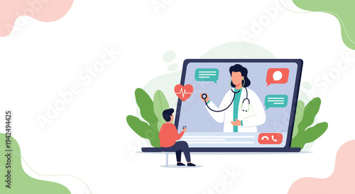 Patient consulting with a female doctor online via a large laptop screen with heart and message icons representing telemedicine service.