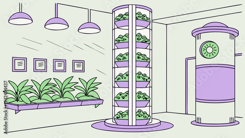 Premium vector illustration depicting a futuristic indoor vertical farm with advanced hydroponics technology for sustainable urban agriculture and efficient food production