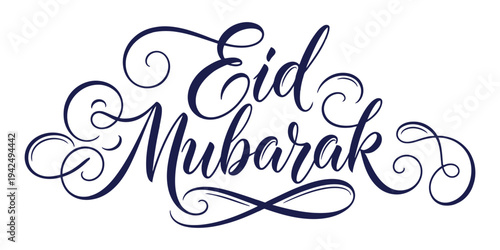 Elegant eid mubarak calligraphy text in dark blue with decorative swirls on white background