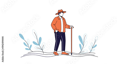 Active senior man wearing a hat and orange jacket walking with a cane through a stylized nature landscape with blue leaves.