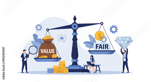 Business people weighing a bag of money labeled value against a diamond on a large scale representing fair trade and economic balance.