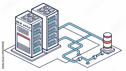 Isometric vector illustration of a modern data center with server racks and an integrated cooling system, representing advanced IT infrastructure and cloud computing