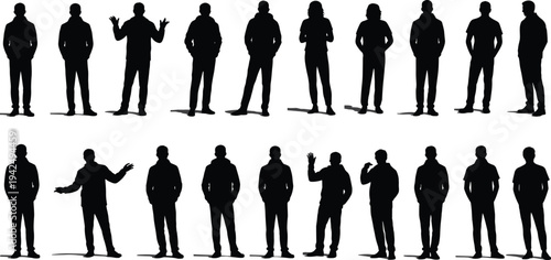 Business people silhouette set, standing male figures collection, human poses bundle, isolated black silhouettes, crowd characters vector style