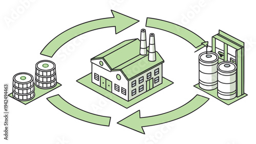 Efficient Industrial Production Cycle Illustrating a Manufacturing Process with Circular Material Flow and Factory Building Graphic