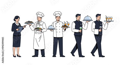 Team of professional restaurant staff including a manager, chefs, and waiters carrying trays of food and drinks for high-quality service.