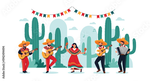 Lively Mexican mariachi band performing traditional music with guitars and an accordion in a desert setting with cacti and flags.