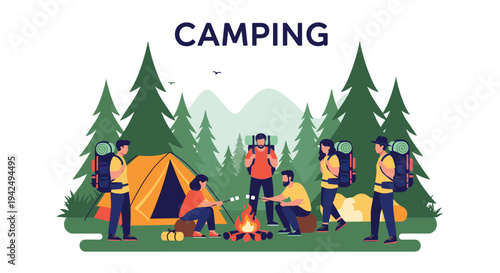 Group of friends camping together in a forest at night sitting around a campfire near a tent and roasting marshmallows for fun.