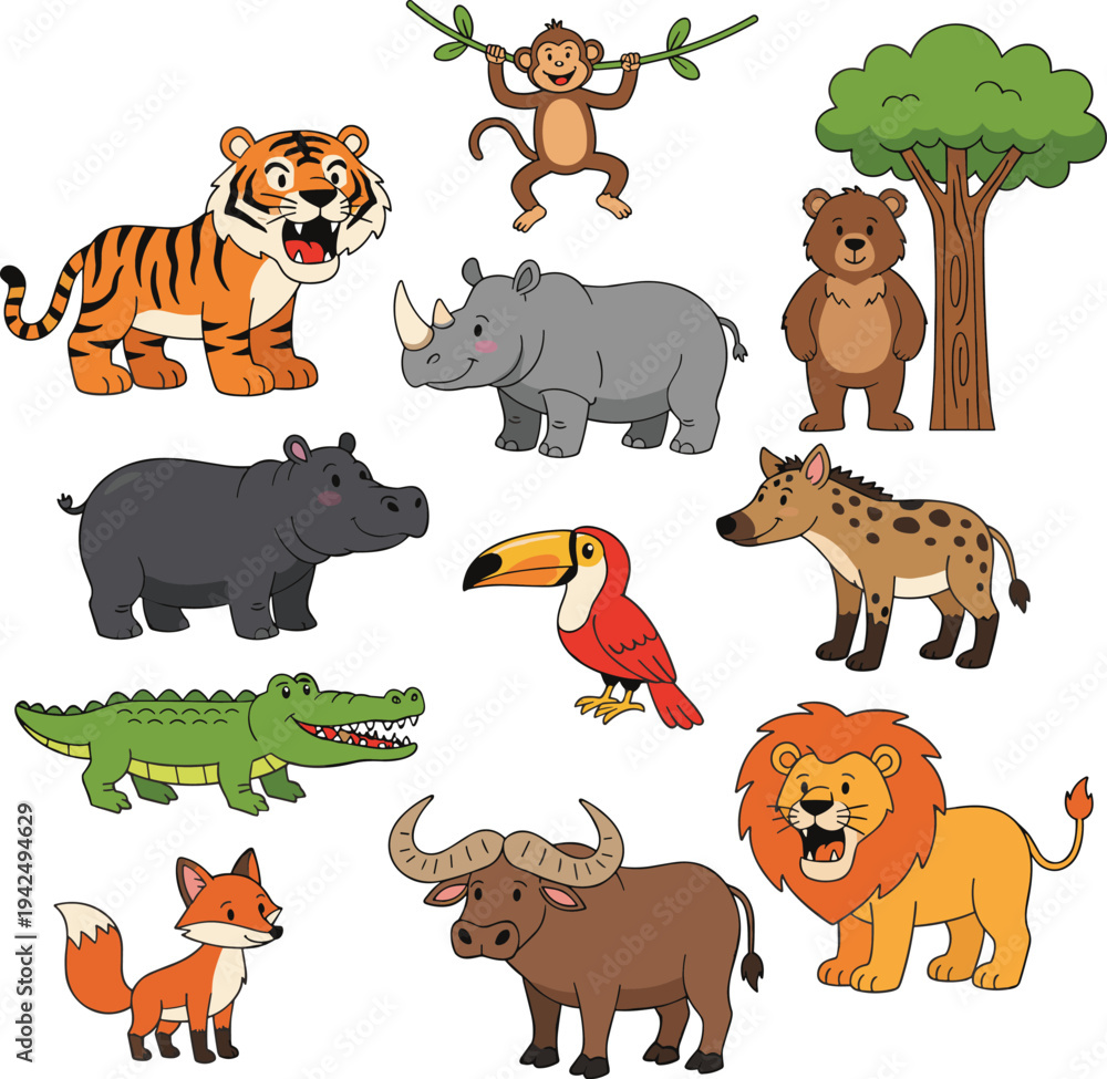 Fototapeta premium Cute wild animals cartoon set, tiger lion monkey rhino hippo crocodile fox buffalo toucan vector illustration