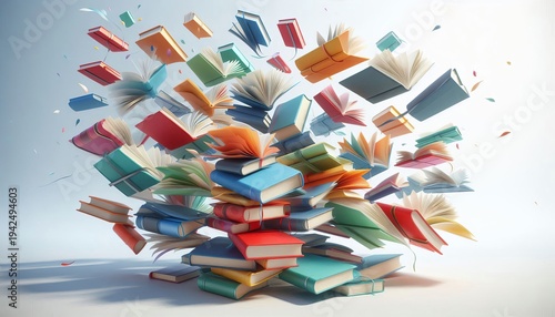 Brightly colored books flutter against a white background