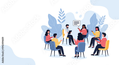 Group of people participates in a mental health support session led by a professional doctor in a calm environment.