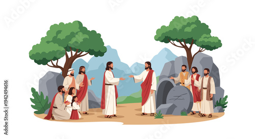 Biblical scene illustrates Jesus Christ and his followers standing near an open tomb in a rocky landscape with trees.