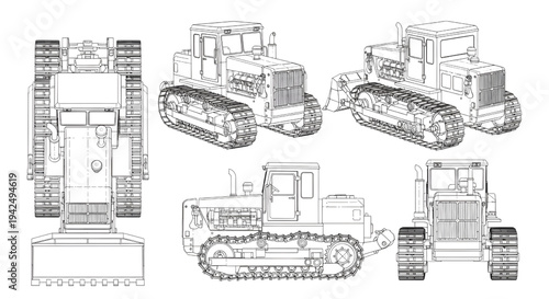 Crawler Tractor AutoCAD Blueprint Vector – Tracked Bulldozer Industrial Machine Multi-View Technical Drawing Black Outline Isolated on White