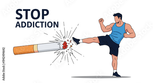 Strong man delivers a powerful kick to a giant cigarette to symbolise stopping addiction and choosing a healthy life.